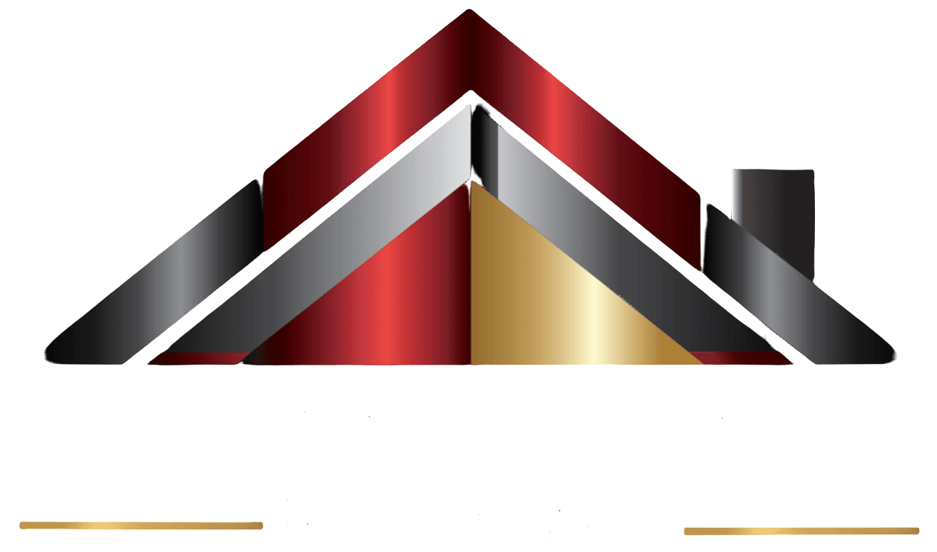 Logo with red, silver, and gold chevrons for Rand Lux Roofing.