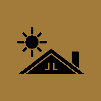 Black house roof with sun icon on a brown background.