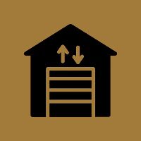 Black garage door icon with up and down arrows on brown background.