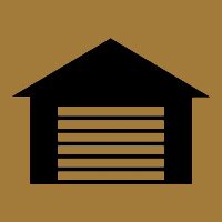 Black garage door icon on a brown background.