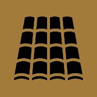 A stylized icon of an open book with multiple pages in black on a brown background.