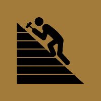 Silhouette of a person climbing stairs with a hammer in hand on a brown background.