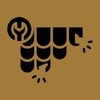 Minimalist black rooster silhouette with wrench symbol on brown background.