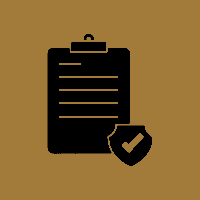 Black clipboard with a checklist and a shield icon on a brown background.
