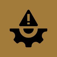 Black warning icon with exclamation mark over gear on brown background.