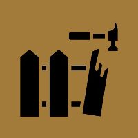 Icon of a hand using a hammer to fix a wooden fence.