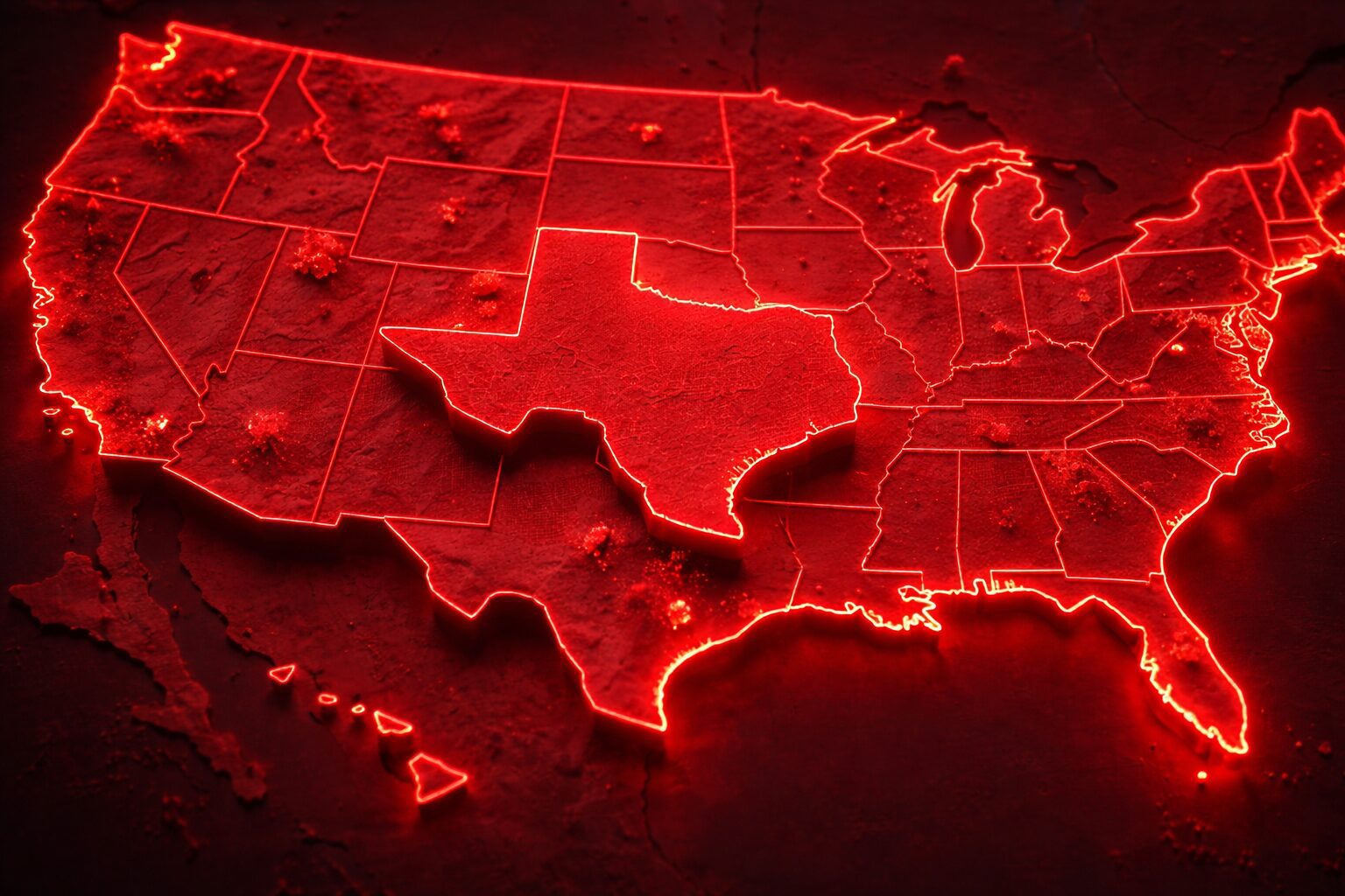 Glowing red map highlighting Texas and surrounding states.
