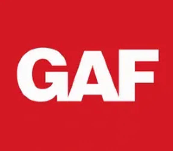 Logo of GAF, a roofing materials company, on a red background.